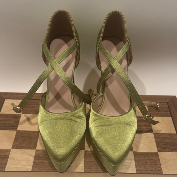 Mary Jane Lime Green Satin Heels - Picture 1 of 4